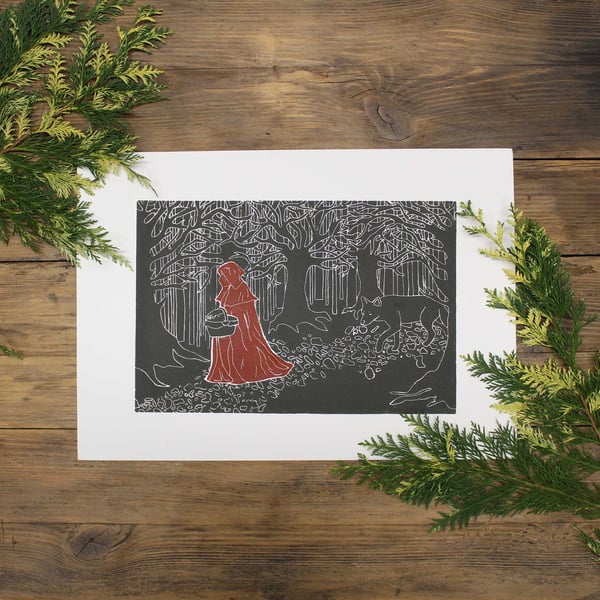 Little red cap and the wolf A3 Lino print