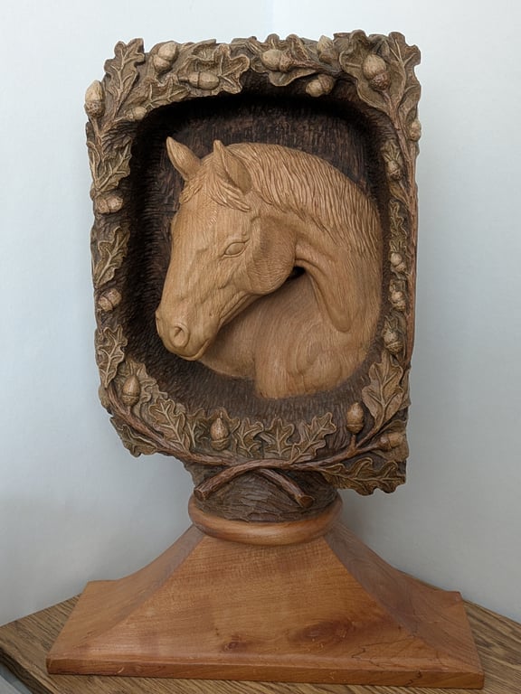 Deep relief horse head wooden sculpture 