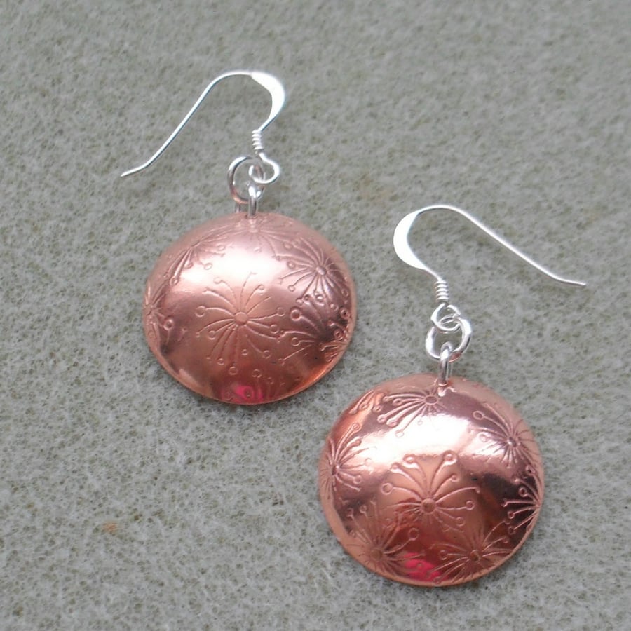 Copper Dandelion Disc Earrings With Sterling Silver Ear Wires