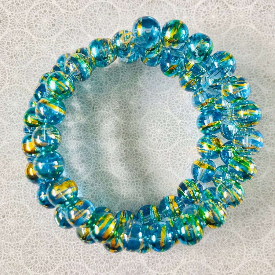 Vibrant Blue Drawbench Art Beaded Memory Wire Bracelet