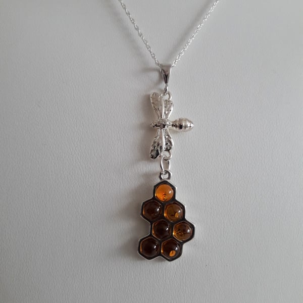 Amber Honeycomb Bee and Sterling Silver Necklace, Bee, Honeycomb, Wildlife
