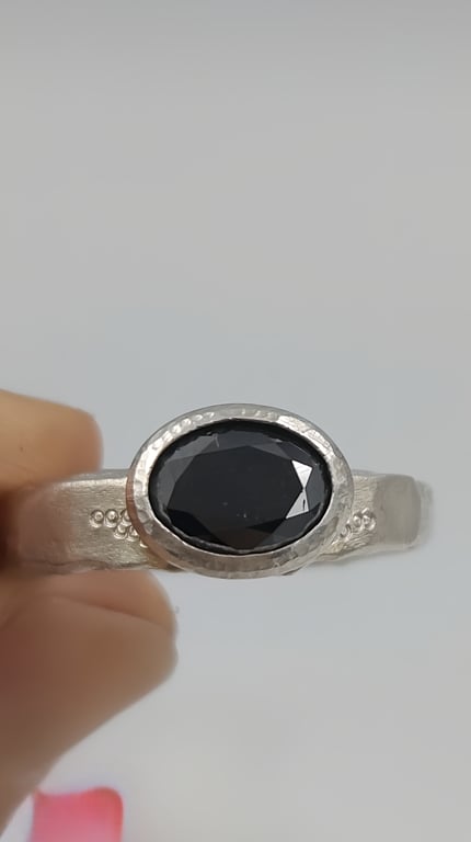 Molten Silver Black Diamond Ring – Oval Faceted Diamond, Rustic Artisan Design -