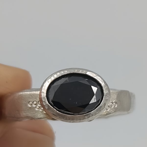 Molten Silver Black Diamond Ring – Oval Faceted Diamond, Rustic Artisan Design -