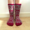 Hand knitted wool socks floral dark pink magenta fuchsia light grey winter fall 