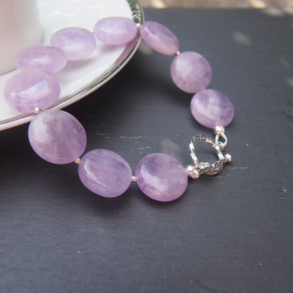 Lavender amethyst and sterling silver coin bracelet