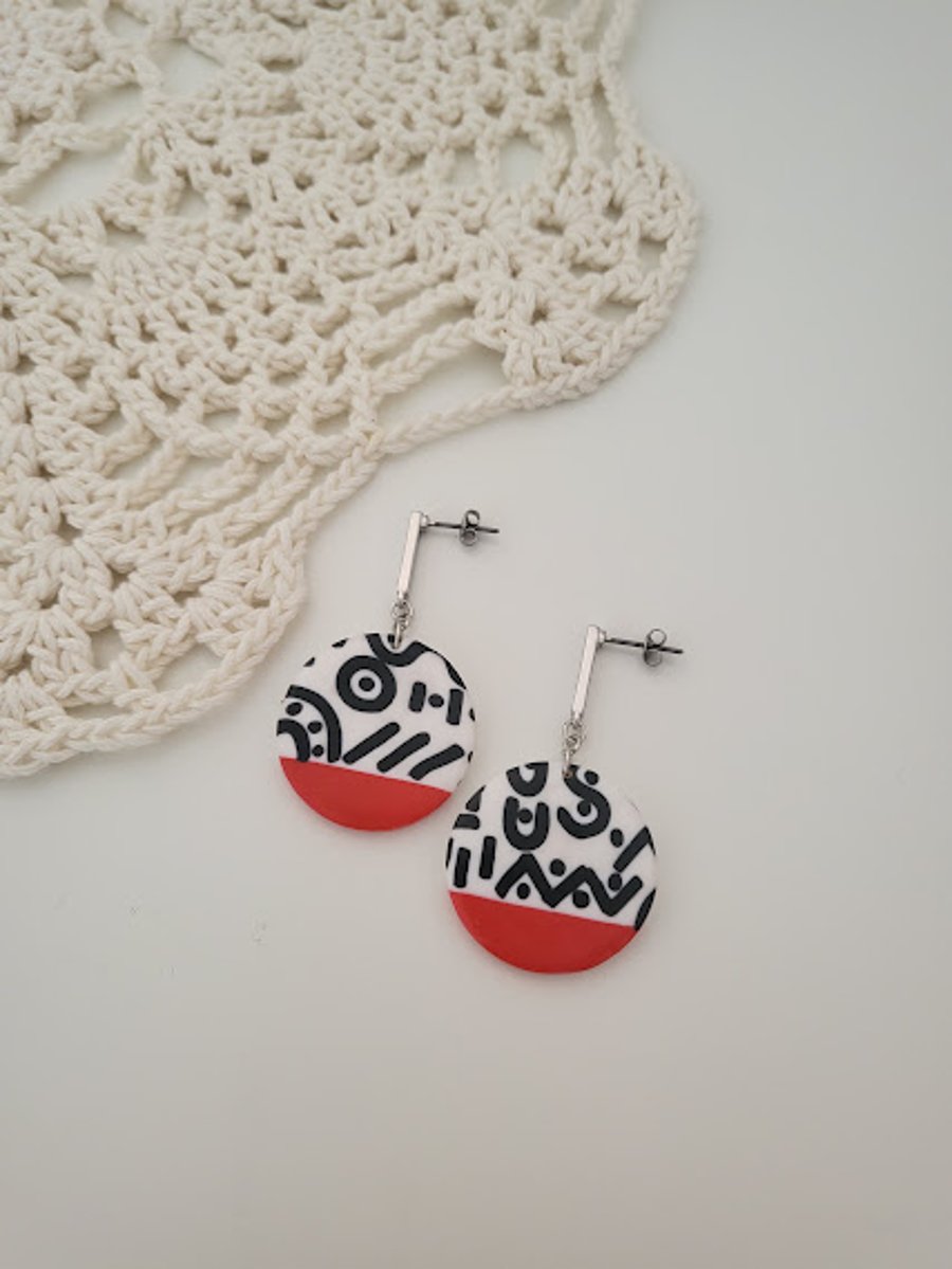 Handmade Abstract Pattern Polymer Clay Earrings - Modern Doodle Rounds