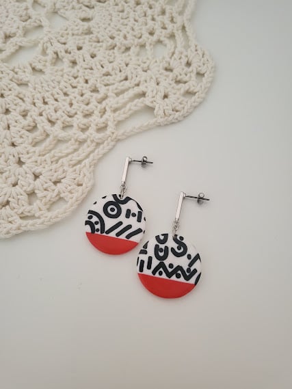 Handmade Abstract Pattern Polymer Clay Earrings - Modern Doodle Rounds