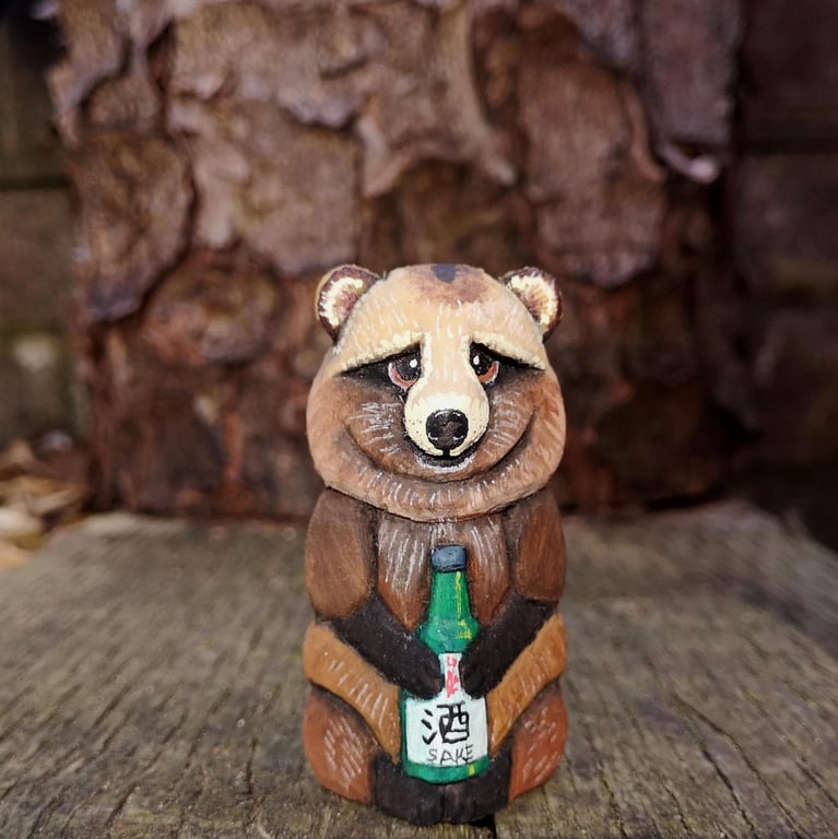 Hand carved, painted and oiled Tomoki the Tanuki (raccoon dog)