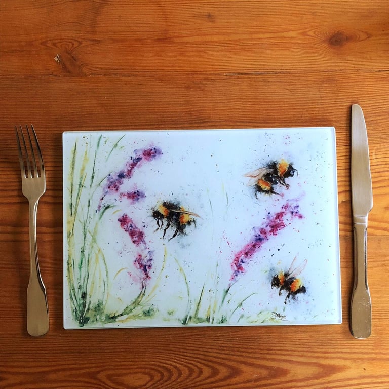 Bees & Lavender Glass Placemat, Wildlife Design Table Mat, Glass Trivet, Hot Pla