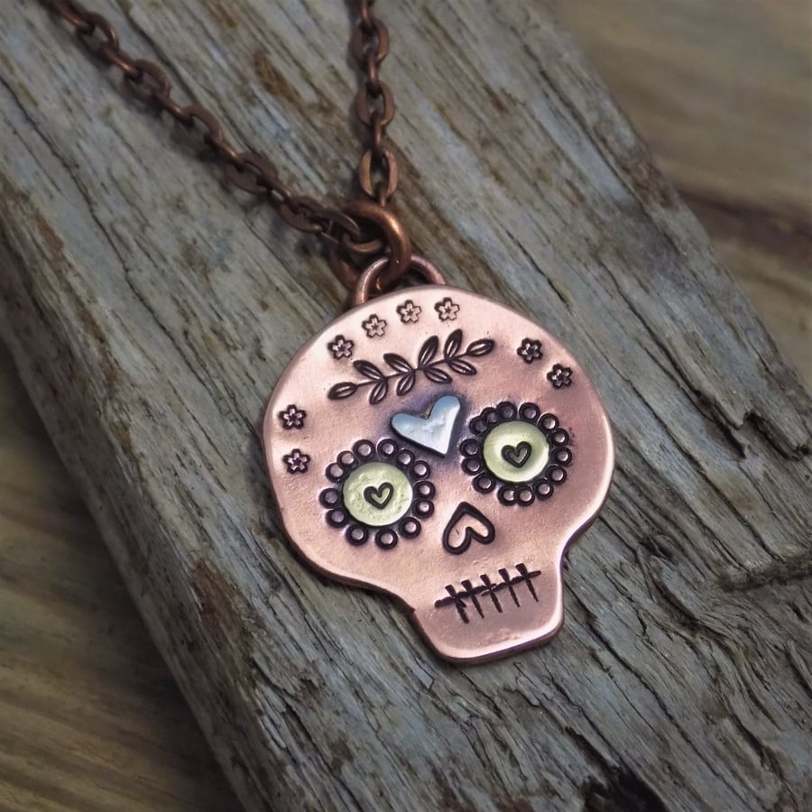 Copper, brass and silver 'day of the dead, sugar skull' mixed metal pendant 