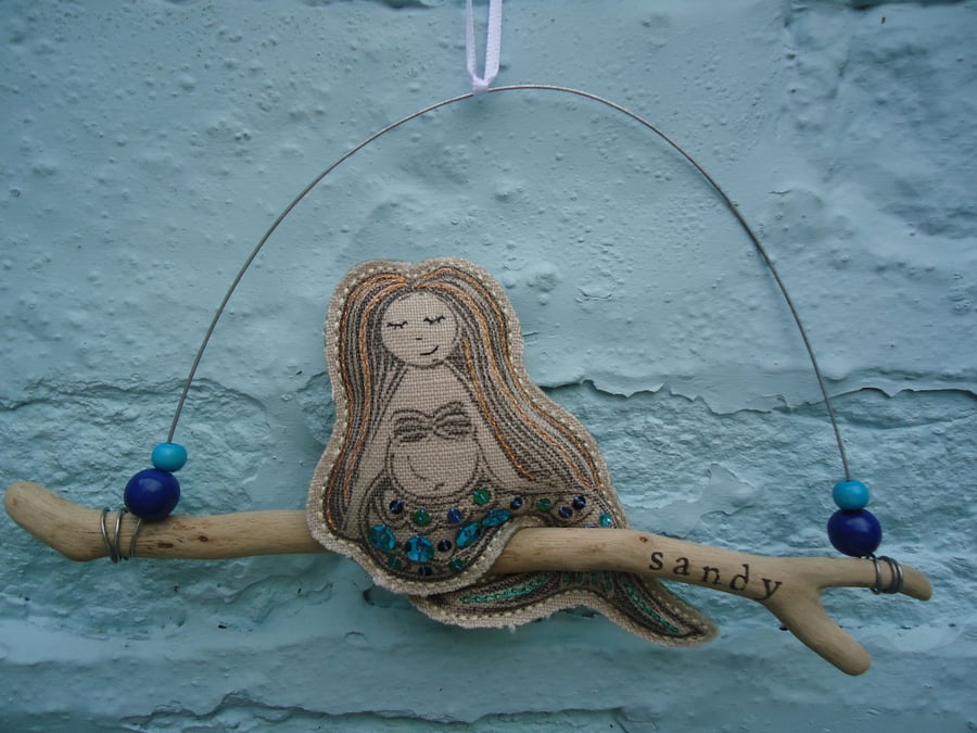 Linen Mermaid Driftwood Hanging, Sandy