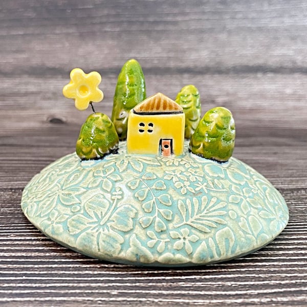 Yellow House on a Hill Ceramic Piece - Tiny House - Mini House - Ceramic House