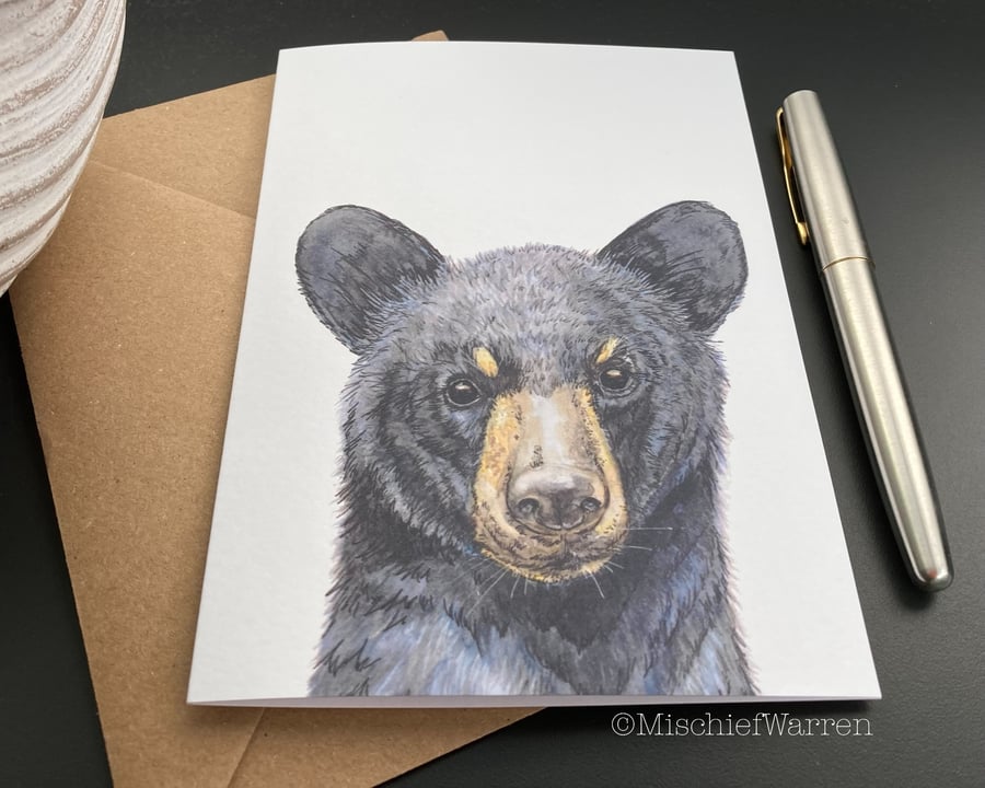 Black Bear Cub Card; Birthday, Blank or Personalised for any occasion