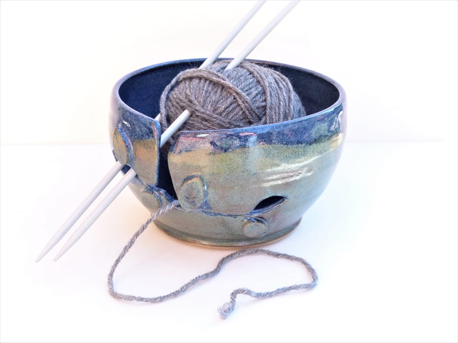 SECONDS Yarn - Knitting Bowl Ceramic Pottery Handthrown Blue Green UK