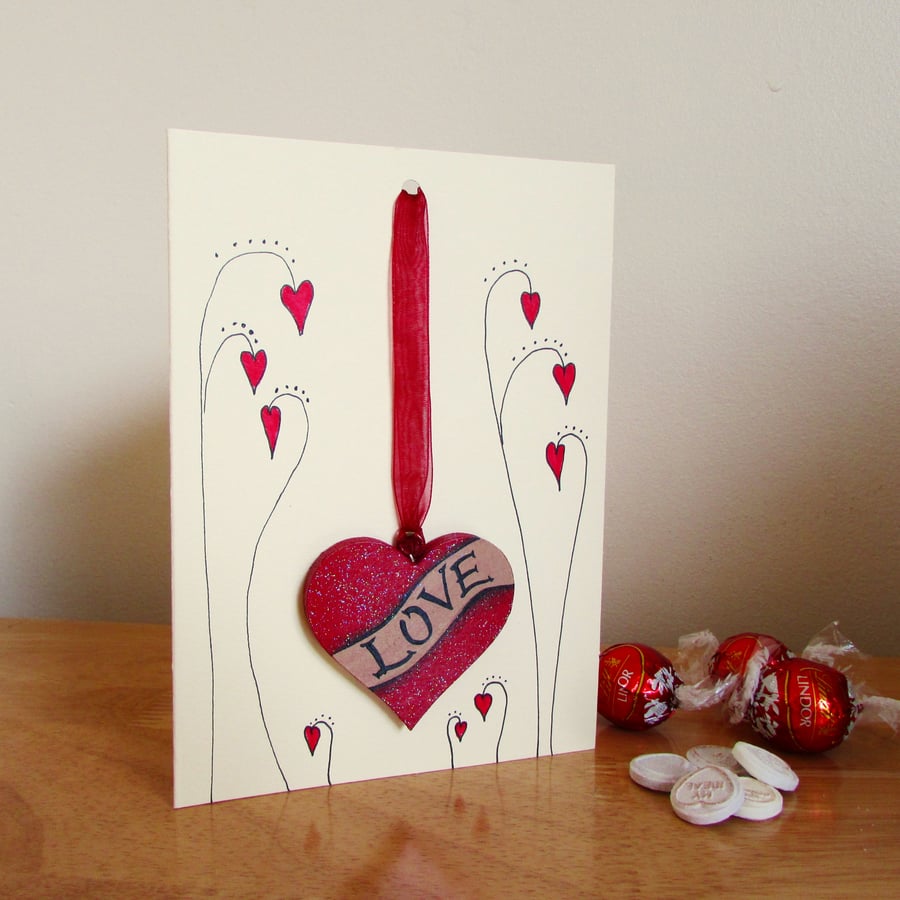 Hanging Heart on Gift & Card, Handpainted Love Heart, Red Hanging Heart