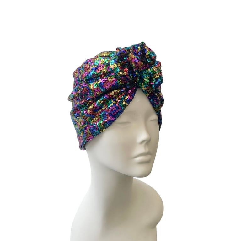 Turban for Women- Festive Cotton Lined Rainbow Sequin Turban Hat Head Wrap