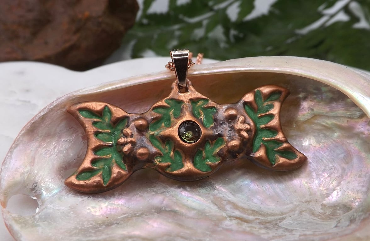 Recycled Copper Triple Moon Pendant Necklace with 4mm Peridot Gemstone.