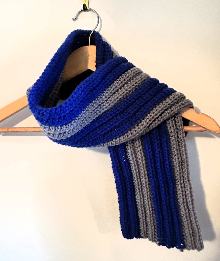 Handmade crocheted blue and grey scarf, child's scarf