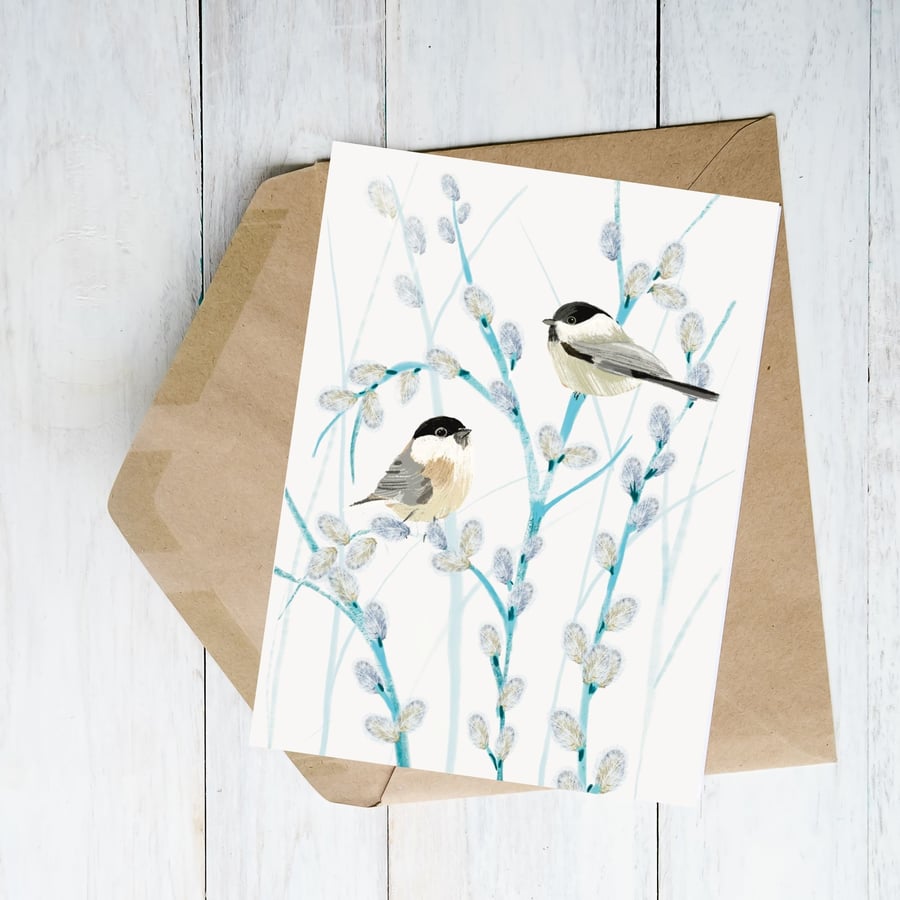 Blank card garden bird willow tits 