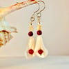 Mother Of Pearl Lily Earrings With Carnelian and Pearl Beads -Handmade In Devon