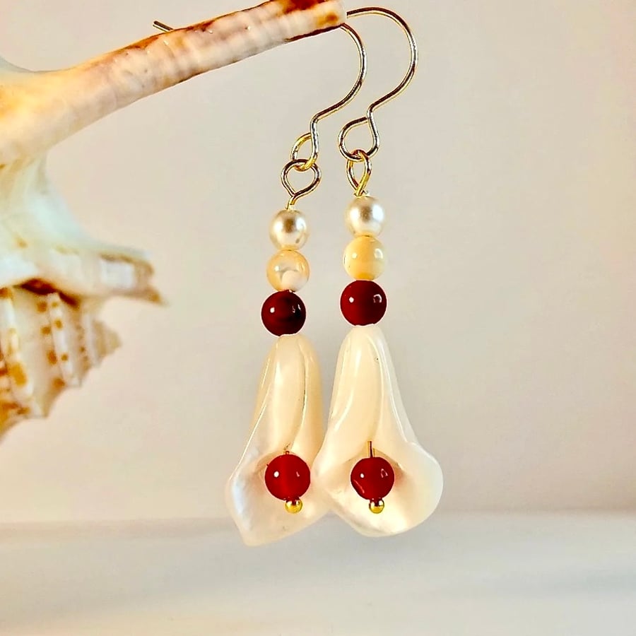 Mother Of Pearl Lily Earrings With Carnelian and Pearl Beads -Handmade In Devon