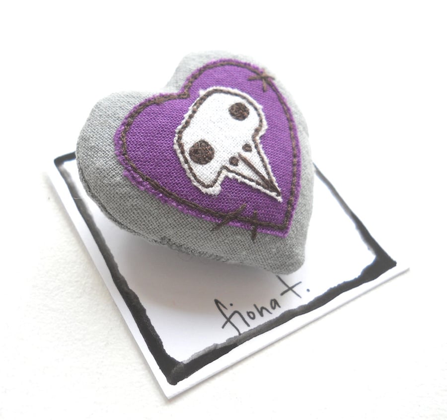 freehand embroidered chicken skull heart textile brooch purple