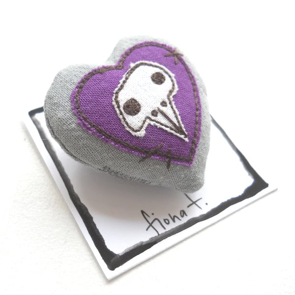 freehand embroidered chicken skull heart textile brooch purple