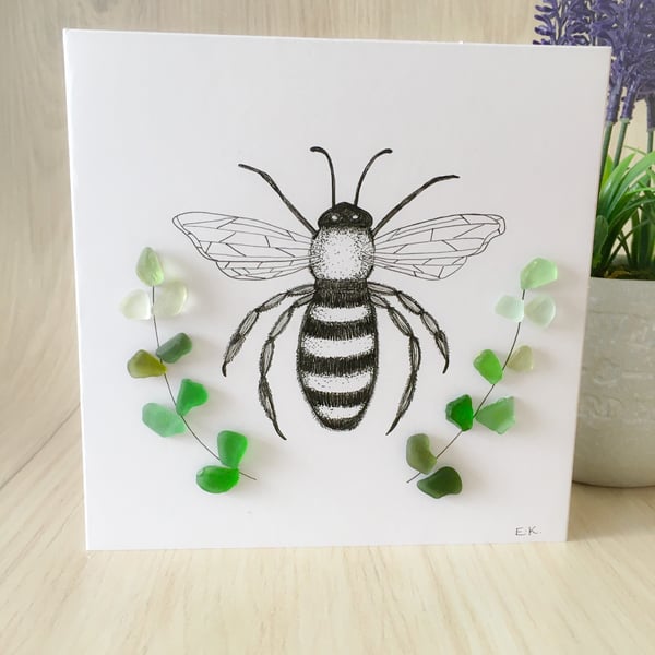 Hand drawn Bee greeting card with Cornish sea glass
