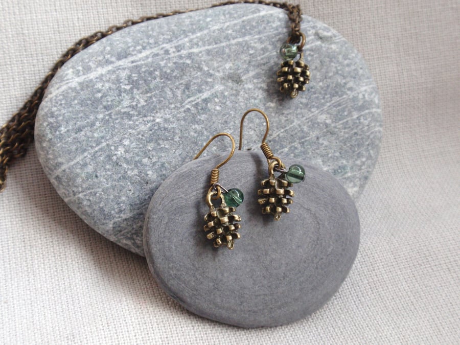 Pine Cone Pendant and Earring Jewellery Set with Forest Green Glass Bead