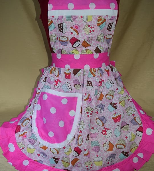 Vintage 50s Style Full Apron Pinny - Bright Pink Cupcake