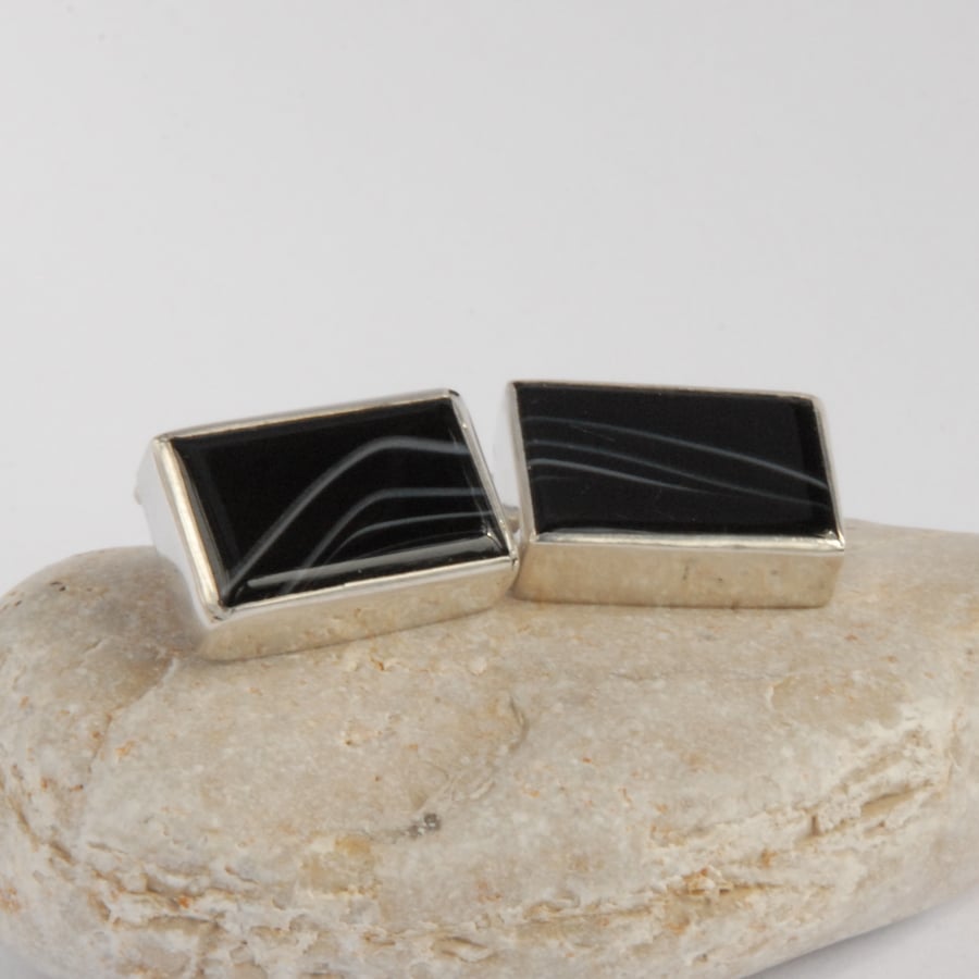 Monochrome striped onyx and sterling silver cufflinks