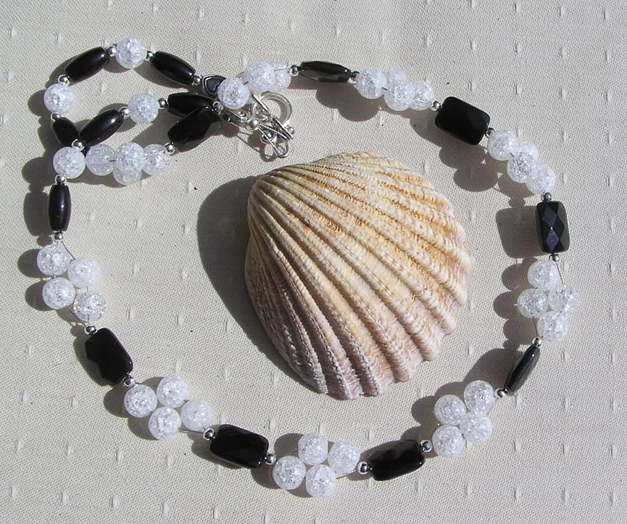 Black Onyx and Crackled Clear Quartz Gemstone Statement Beaded Chakra Necklace