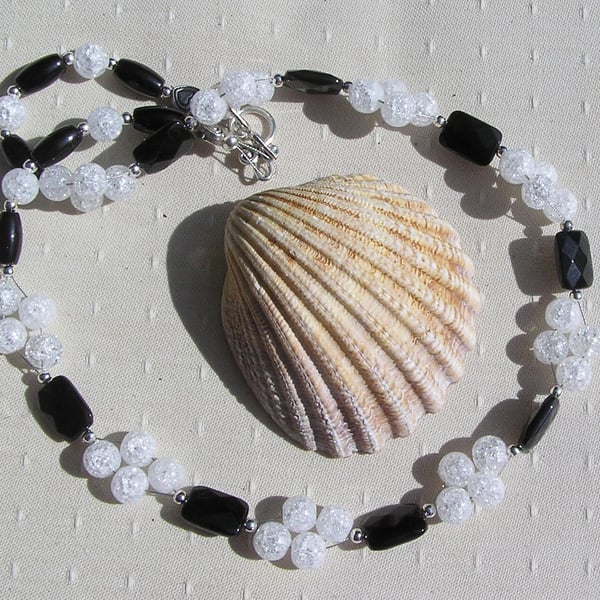 Black Onyx and Crackled Clear Quartz Gemstone Statement Beaded Chakra Necklace