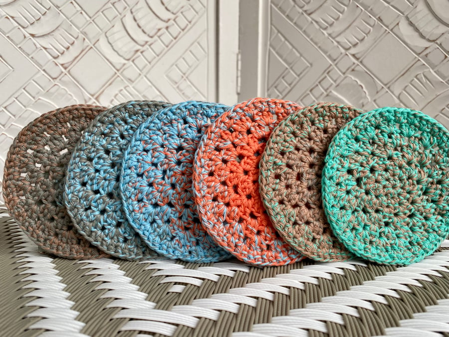 Set of 6 Coasters, hand crocheted circular coaster set, crochet plant mats, 