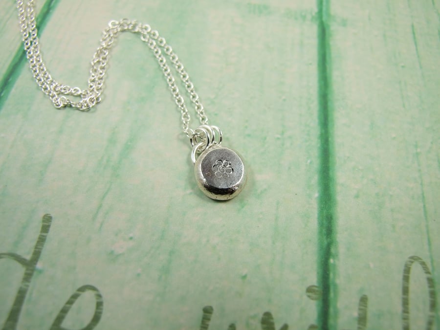 Silver Nugget Pendant,  Minimalist Necklace, Hand Stamped Flower