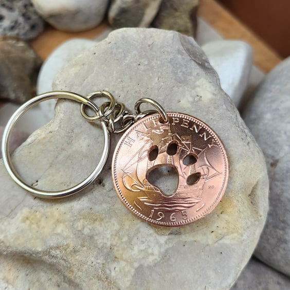 Upcycled paw in a 1965 bronze halfpenny coin keyring or bagcharm