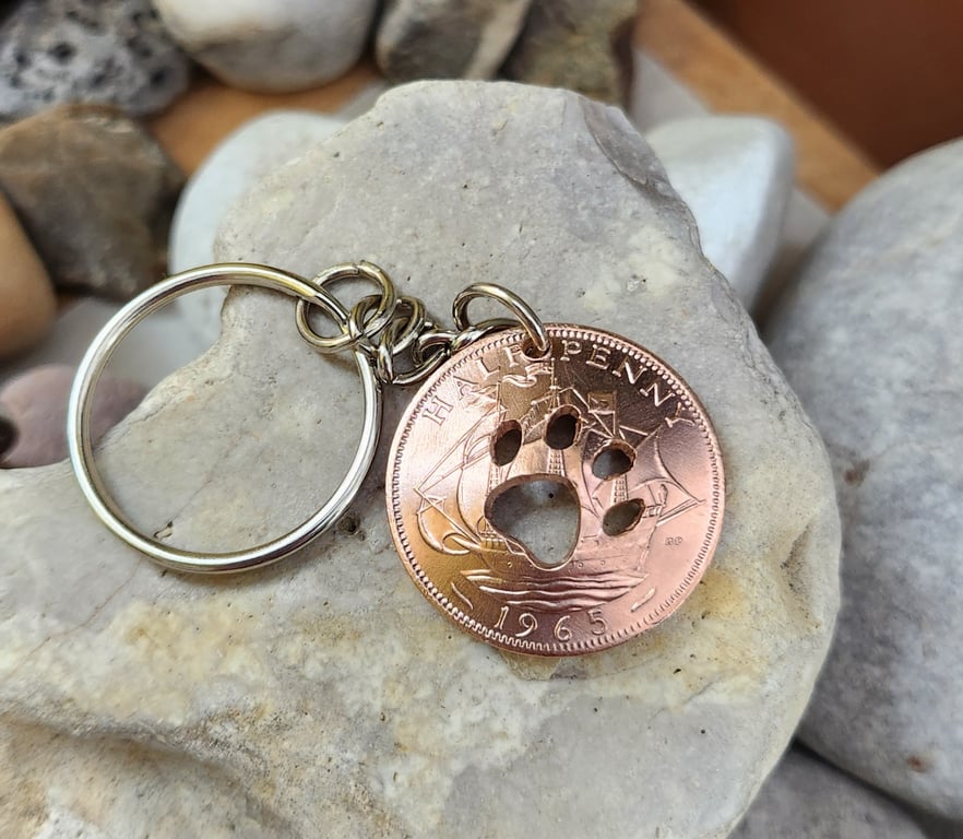 Upcycled paw in a 1965 bronze halfpenny coin keyring or bagcharm