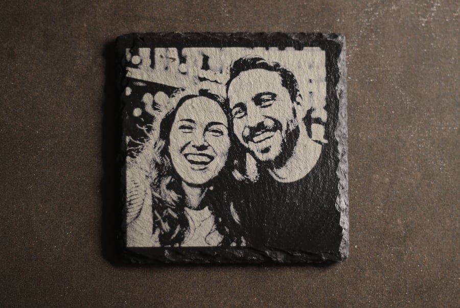 Personalized Laser Engraved Slate Photo Coaster - Custom Wedding or Anniversary 