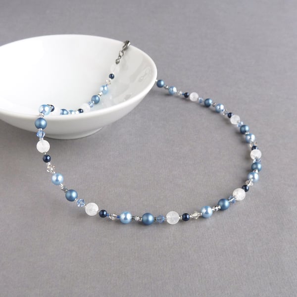 Blue Beaded Necklace - Mid Blue Pearl and Crystal Jewellery - Navy Wedding Gifts