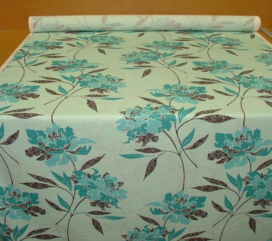 7 Mtrs 276" Duck Egg Blue Brown Big Large Flower Fabric Modern Floral 54"W