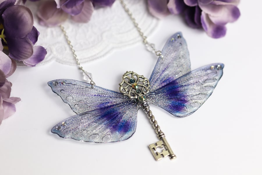 Fairy Wing Key Necklace - Butterfly Cicada - Purple Winged Key - Fairycore 