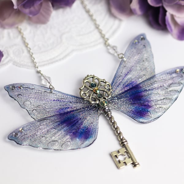 Fairy Wing Key Necklace - Butterfly Cicada - Purple Winged Key - Fairycore 