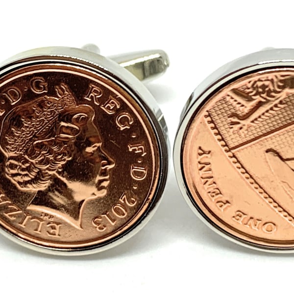 8th Bronze wedding anniversary cufflinks - Copper 1p coins from 2014- Gift - HT