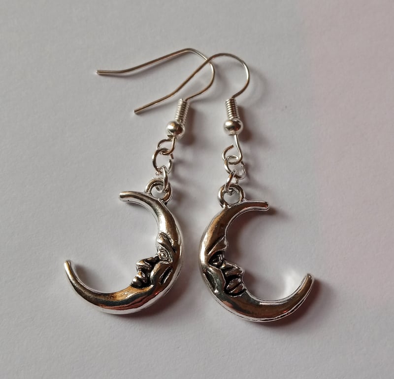 Smiling Moon Face Drop Celestial Charm Silver Plate Earrings