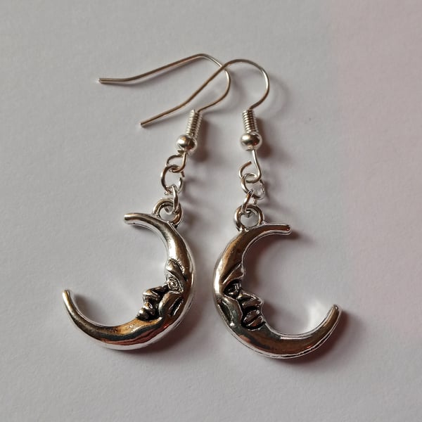 Smiling Moon Face Drop Celestial Charm Silver Plate Earrings