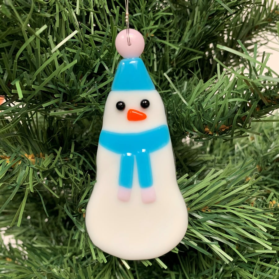 Fused Glass Snowman Hanging, Blue Hat - Handmade Glass Decoration