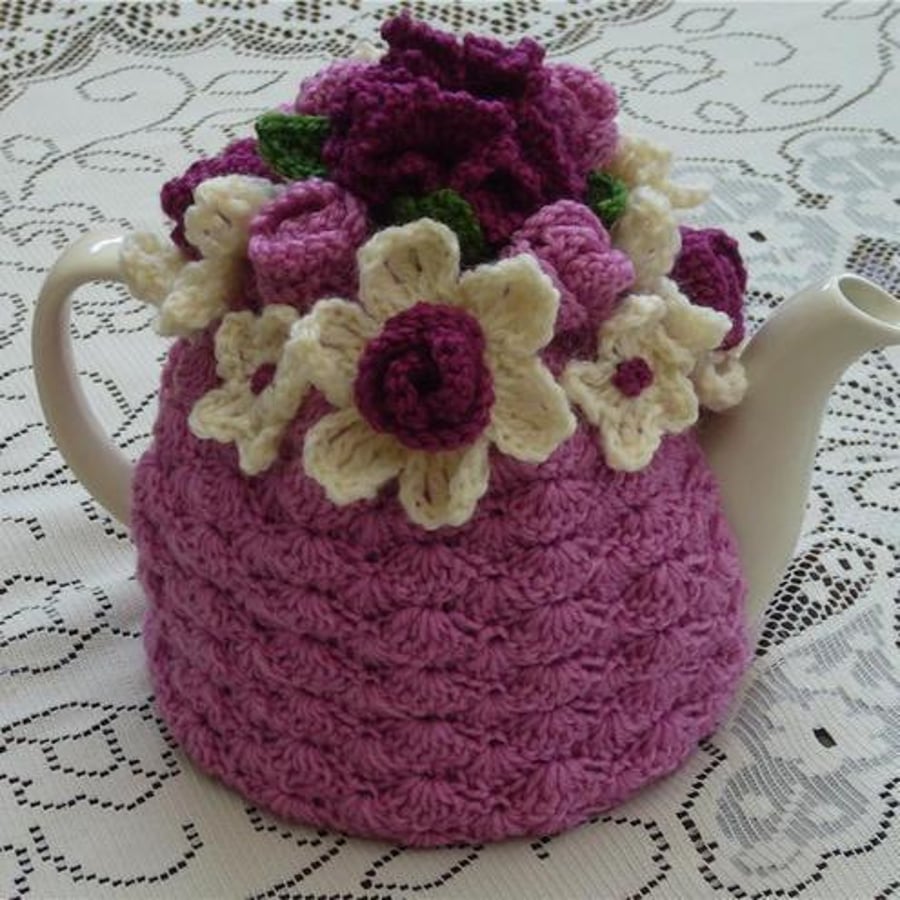 Crochet Tea Cosy/Pink with Flower Garden Top (M... Folksy