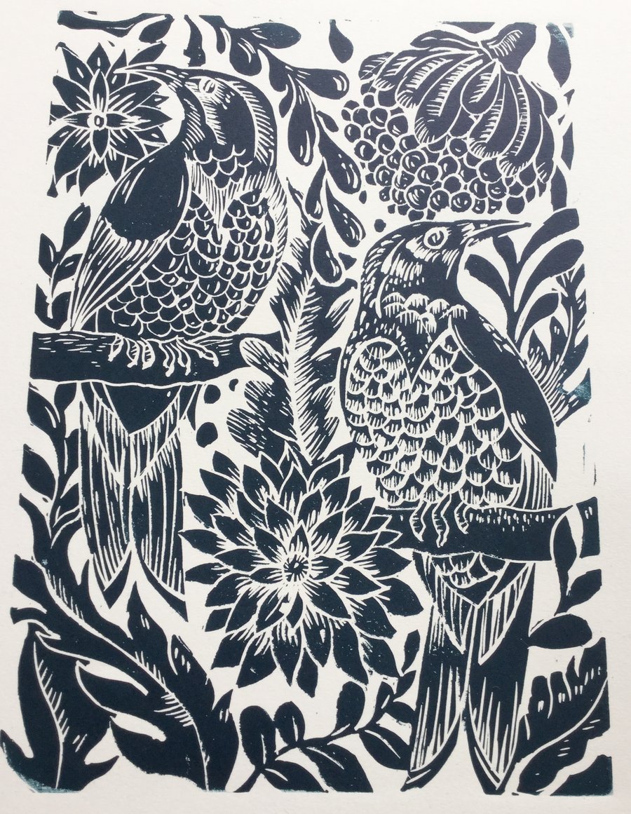 Original lino print birds Teal unframed