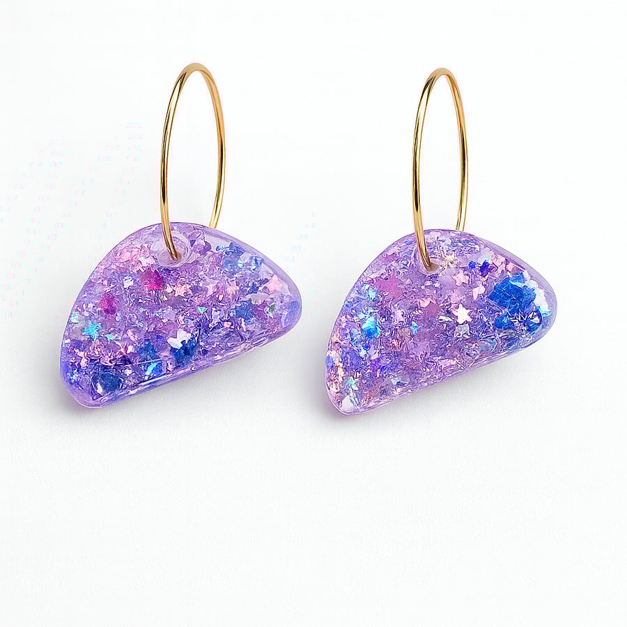 Purple Star Resin Hoop Earrings - Asymmetrical Dangle Earrings 