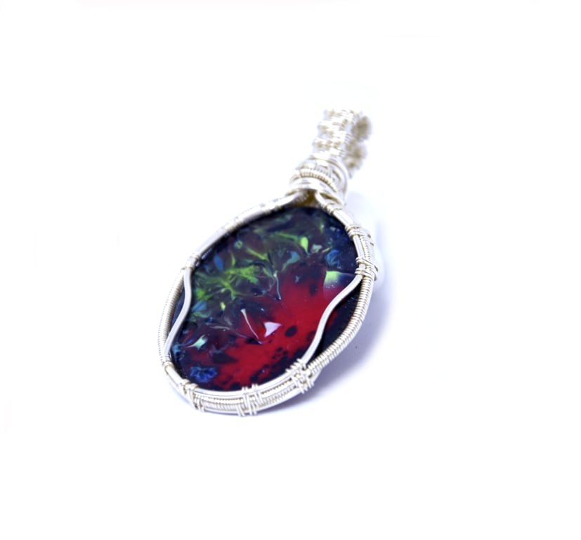 Enamel wire wrapped pendant; multi-medium pendant; hand made gift; multi colour 